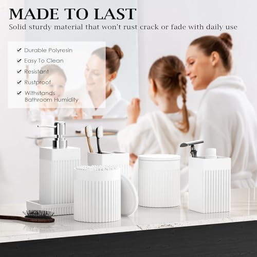 6-Piece White Bathroom Set - Modern Resin Bathroom Accessories Set with Soap Dispenser, Toothbrush Holder, Vanity Tray, Tumbler & Apothecary Jars for Small Spaces - Image 3