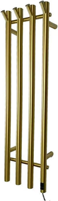 Electric Heated Towel Rack Warmer, Wall Mounted, Stainless Steel, 4 Bar Vertical Round Design, 5 Minute Rapid Heating, Timer Control, 10.1 x 37.4 Inches (Gold)
