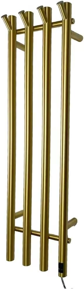 Electric Heated Towel Rack Warmer, Wall Mounted, Stainless Steel, 4 Bar Vertical Round Design, 5 Minute Rapid Heating, Timer Control, 10.1 x 37.4 Inches (Gold)