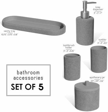 Clara Clark Bathroom Set - Grey Bathroom Accessories Set, 5PC Bathroom Accessory Set, Bathroom Sets with Soap Dispenser, Toothbrush Holder, Tumbler, Cotton Swab Jar & Vanity Tray - Image 2