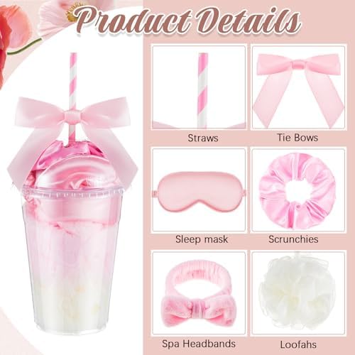 Nitial 84 Pcs Spa Sleepover Party Supplies Including Headband Sleep Eye Mask Velvet Scrunchies Bath Loofah Sponges Plastic Cup with Lids Straws for Girls' Night Birthday Party (Pink) - Image 3