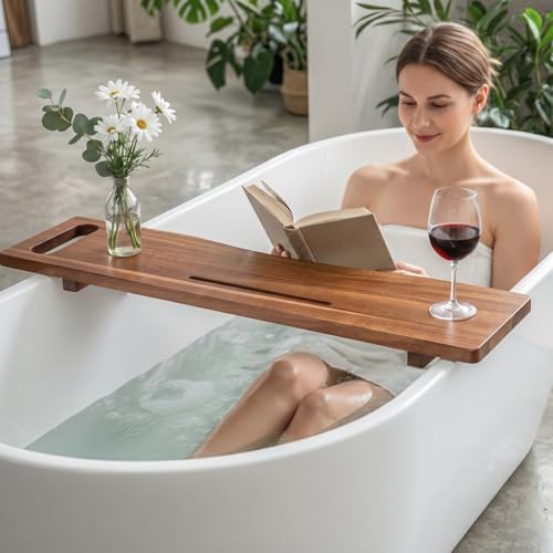 Adjustable Acacia Wood Bathtub Tray Caddy, 39" L with Handles - Image 6