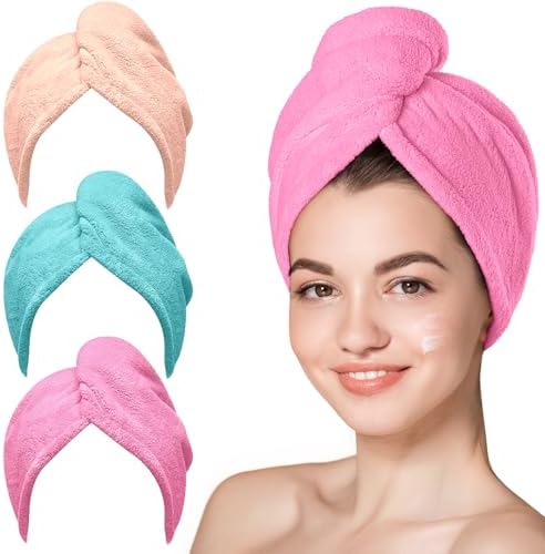 Hicober Microfiber Hair Towel Wrap for Women, Aqua Peach Pink, 3-Pack by Hicober