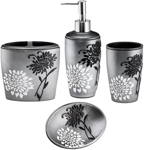 Zahari Home 4pc Erica Bathroom Accessories Sets Modern Classic Soap Dispenser, Tumbler, Tooth Brush Holder and Soap Dish Holder Unique Design Grey Bathroom Set by ZahariHome