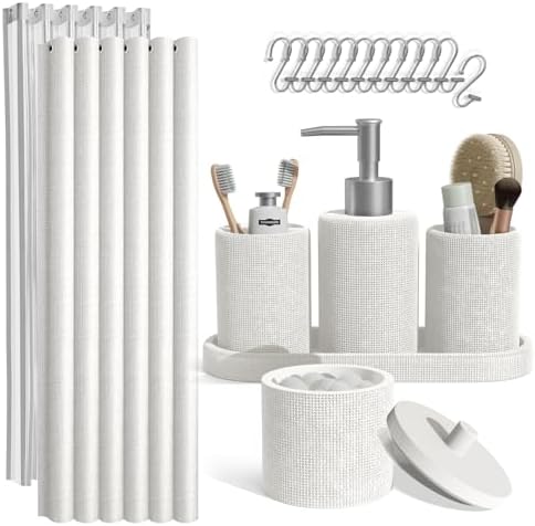 Clara Clark Bathroom Set - White Bathroom Accessories Set, 19PC Bathroom Accessory Set, Bathroom Sets with Shower Curtain Set, Soap Dispenser & Toothbrush Holder by ClaraClark