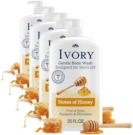 Ivory Body Wash Gentle, Free of dyes, parabens, and phthalates, Honey Scent, 35 oz (Pack of 4) by Ivory