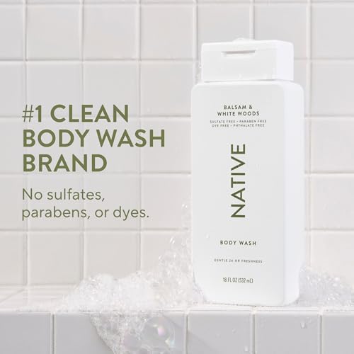 Native Clean Body Wash, Gentle & pH-balanced for Sensitive Skin, 24-Hr Freshness for Men & Women, Vegan & Cruelty-Free, Free of Sulfates & Parabens, Balsam & White Woods, 18 fl oz - Image 2