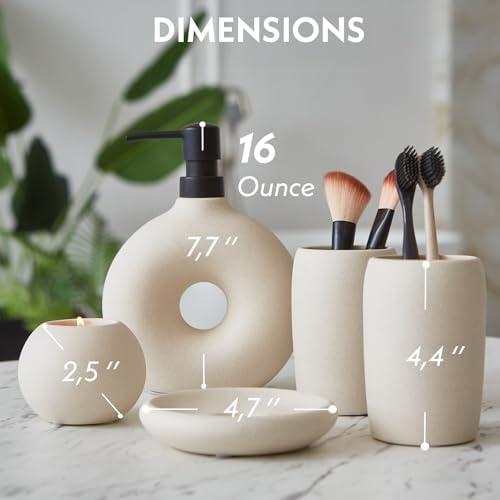 Ceramic Bathroom Accessory Set, 5 Pcs - Soap Dispenser 16 Oz, Toothbrush Cup, Toothbrush Holder, Soap Dish, Candle Holder - Beige, Boho Bathroom Sink Decor, Modern Countertop Accessories - Image 5