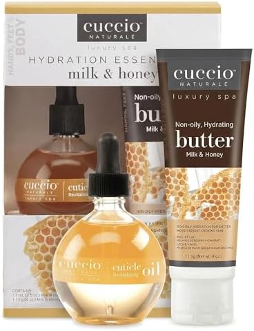 Cuccio Naturale Luxury Spa Hydration Essentials Set - Provides Nourishing Hydration - Soothes And Softens The Skin - Delivers A Relaxing Feeling - Milk And Honey - 2 Pc Body Butter And Cuticle Oil by Cuccio