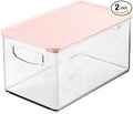 mDesign Deep Plastic Bathroom Storage Bin Box, Lid/Built-in Handles, Organization for Makeup, Hair Styling Tools, Toiletry Accessories in Cabinet, Shelves, Ligne Collection, 2 Pack, Clear/Pink