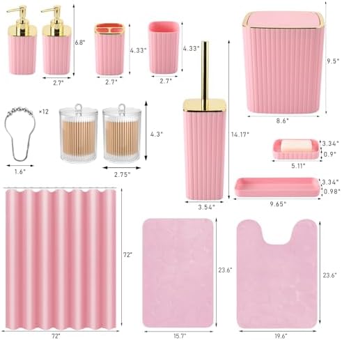 XLHOMO Bathroom Set with Shower Curtain and Rugs- 25PC Bathroom Accessory Set, Pink Bathroom Set, Toilet Brush, Trash Can, Qtip Holder & Soap Dispenser - Image 3