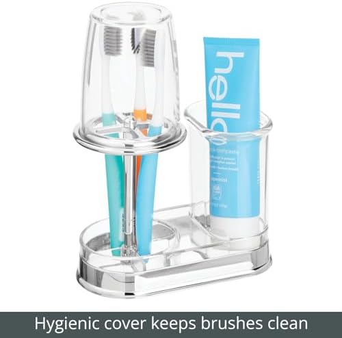 mDesign Plastic Toothpaste and Toothbrush Holder Center with Cup/Cover - Organizer for Bathroom Vanity Countertop - Holds Paste, Floss, Accessories - Hyde Collection - Clear - Image 5