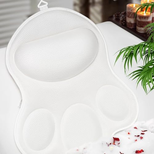 Bath Pillows for Tub Neck and Back Support - Upgraded Non-Slip Rubber Backing & 6 Suction Cups, 4D Air Mesh Spa Bathtub Cushion for Head Rest, Machine Washable with Laundry Bag & Hook(White) by JUSDOO