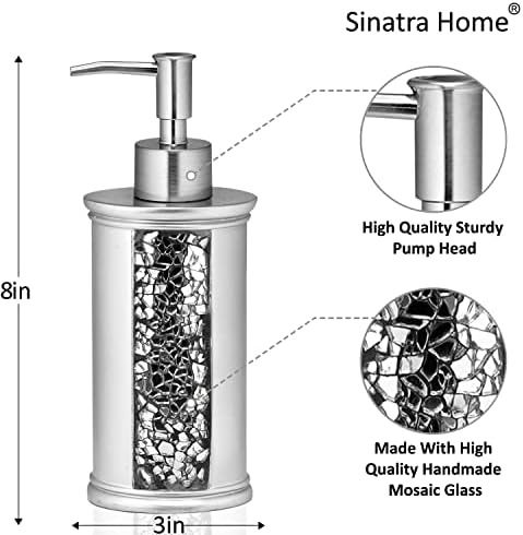 Zahari Home 4pc Sinatra Stylish Bathroom Accessories Set Liquid Soap Dispenser, Tumbler, Tooth Brush Holder and Soap Dish Modern Classic Luxury Decor Bling Mosaic Glass Silver Bathroom Accessories - Image 2