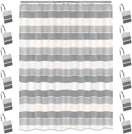 Zahari Home 13pc Modern Line Shower Curtain Set - Gray Luxury Contemporary Shower Curtains with Unique Design & 12 Hooks by ZahariHome