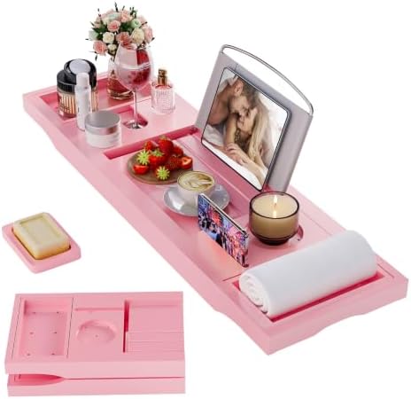 Foldable Bathtub Tray Caddy with Soap Dish Adjustable 29.5-43'' Pink by BESHOF