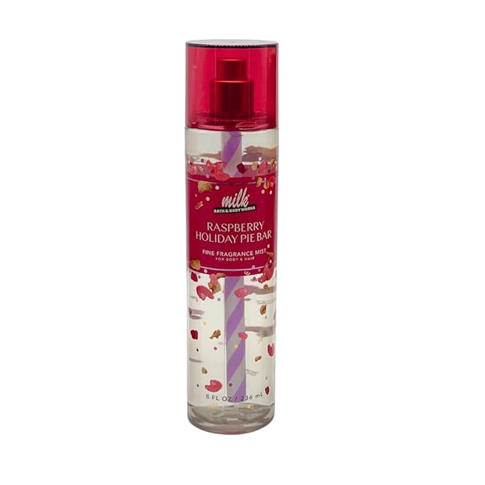 Bath & Body Works MILK Collections RASPBERRY HOLIDAY PIE BAR Diamond Shimmer Mist, Fine Fragrance Mist & Ultimate Hydration Body Cream 3pc bundle with a Red Bow for Holidays & Gifts