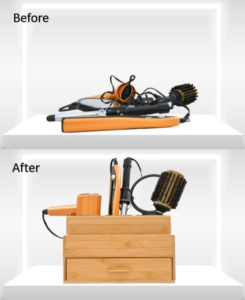 Harzen Brothers Hair Tool Organizer- Bamboo, Blow Dryer Holder, Bathroom Countertop, Vanity Caddy Storage Stand for Accessories, Makeup, Toiletries