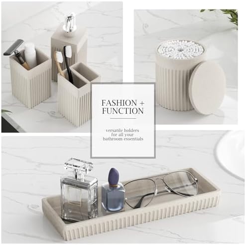 6-Piece Beige Bathroom Set - Sleek Resin Bathroom Accessories Set with Soap Dispenser, Toothbrush Holder, Vanity Tray, Tumbler & Apothecary Jars for Small Spaces - Image 5