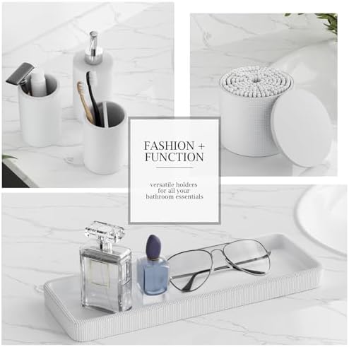 6-Piece White Bathroom Set - Mesh Textured Resin Bathroom Accessories Set with Soap Dispenser, Toothbrush Holder, Cup, Vanity Tray & Apothecary Jars for Small Spaces - Image 5