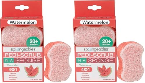 Spongeables Pedi-Scrub Foot Buffer, The Soap is in The Sponge, Contains Tea Tree Oil, Foot Exfoliating Sponge with Heel Buffer and Pedicure Oil, 20+ Washes, Watermelon Scent, 2oz Sponge, 1 Count by Spongeables