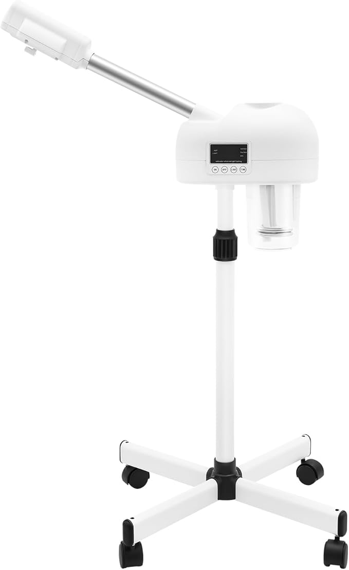 Standing Facial Steamer with LCD Timer 0-20min, Ozone Face Steamer Machine, Movable Pedicure Steamer with Wheels & Adjustable Height, Portable Skin Care Spa for Home Beauty Salon