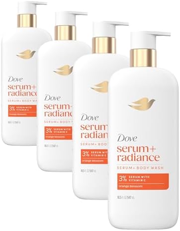 Dove Serum Body Wash Glow Recharge illuminates & Exfoliates skin with brightening Vitamin C Serum 18.5 Fl Oz (Pack of 4) by Dove