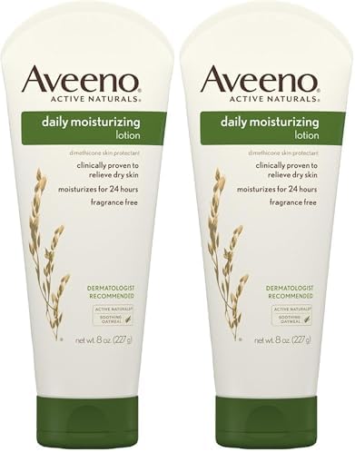 Aveeno Daily Moisturizing Body Lotion with Soothing Prebiotic Oat, Gentle Lotion Nourishes Dry Skin With Moisture, Paraben-, Dye- & Fragrance-Free, Non-Greasy & Non-Comedogenic, 8 fl. oz (Pack of 2) by Aveeno