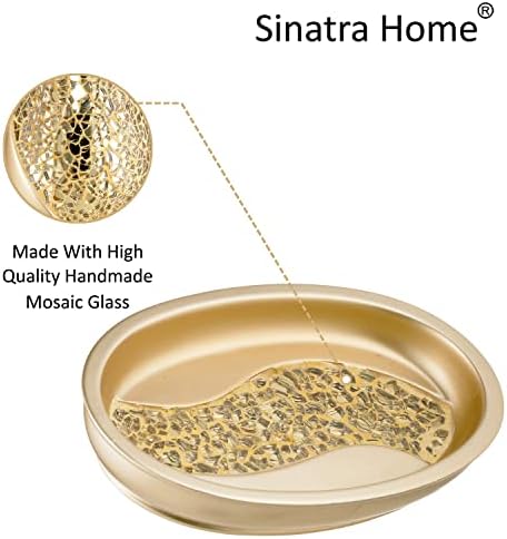 Zahari Home 4pc Sinatra Stylish Bathroom Accessories Set Champagne Gold Soap Dispenser Pump, Tumbler, Tooth Brush Holder and Soap Dish Modern Decor Bling Mosaic Glass Gold Bathroom Accessories - Image 6