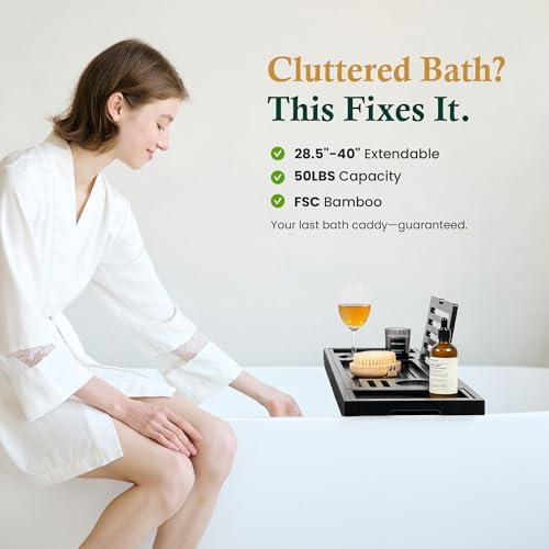 Black Bamboo Adjustable Bathtub Caddy Tray 28.5-40 Inch - Image 6