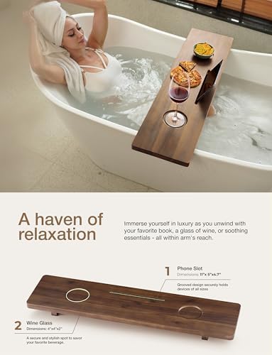 TINAMO 35”L Wood Bathtub Tray with Wine and Tablet/Phone Slot, Walnut Color - Image 3
