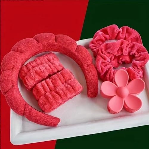 Spa Headband Set Washing and makeup sponge hair hoop suit bath towel cloth for cleaning the face or bath beam. (Red, Average code) - Image 5