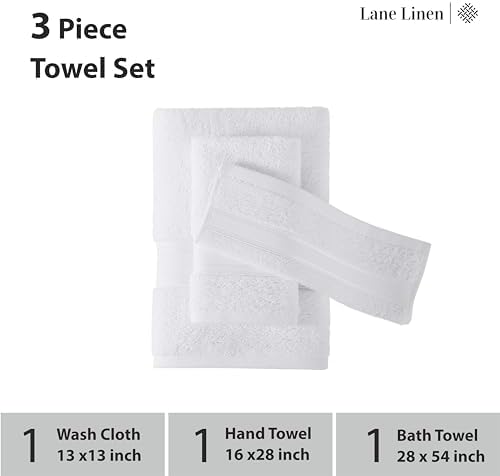 LANE LINEN Bath Towel Set 100% Cotton 3 Piece Soft Absorbent - White - Image 3