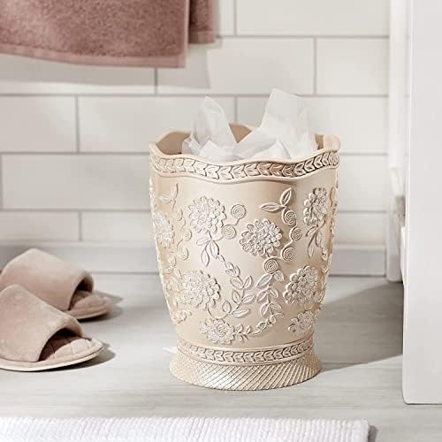 Zahari Home 2pc Rose Vine Bathroom Set Waste Basket & Tissue Cover Modern Classic Decor Stylish Unique Design Beautiful Beige Bathroom Accessories Set - Image 2