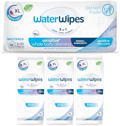 WaterWipes Sensitive Whole Body Cleansing Wipes, 99.9% Purified Water, XL Textured Wipes, Incontinence Care, Fragrance Free, 90 Count by WaterWipes
