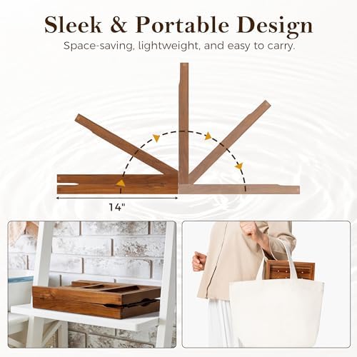Teak Bathtub Tray for Tub, Expandable Bath Tray 28–40in, Foldable Bathtub Caddy with Wine Glass Holder, Phone & Book Stand, Wooden Bath Tray Organizer, Luxury Bathroom Accessories Gift - Light Walnut - Image 6