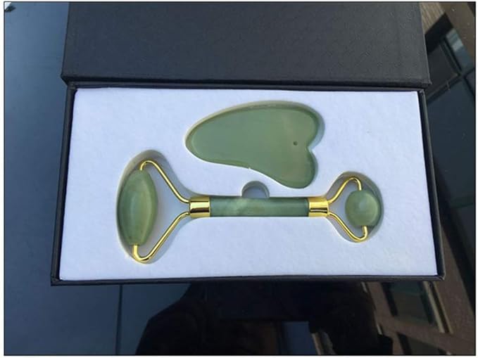 rosenice Jade Beauty Vessel Gua Sha Massage Tool Set with Roller and Scraping Plate for Facial and Neck Muscle Relief 5.90X1.96X1.18In Green-Set