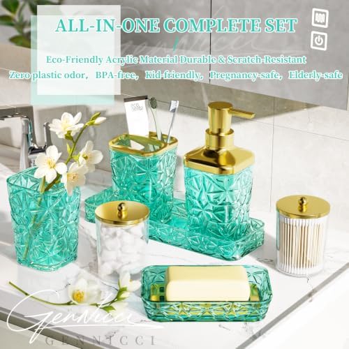 Bathroom Accessory Set, 9-Piece Teal Bathroom Set with Trash Can, Toilet Brush, Soap Dispenser, Soap Dish, Toothbrush Holder, Tumbler, Q-tip Holders & Tray, for Hotel/Apartment, Housewarming Gift - Image 3
