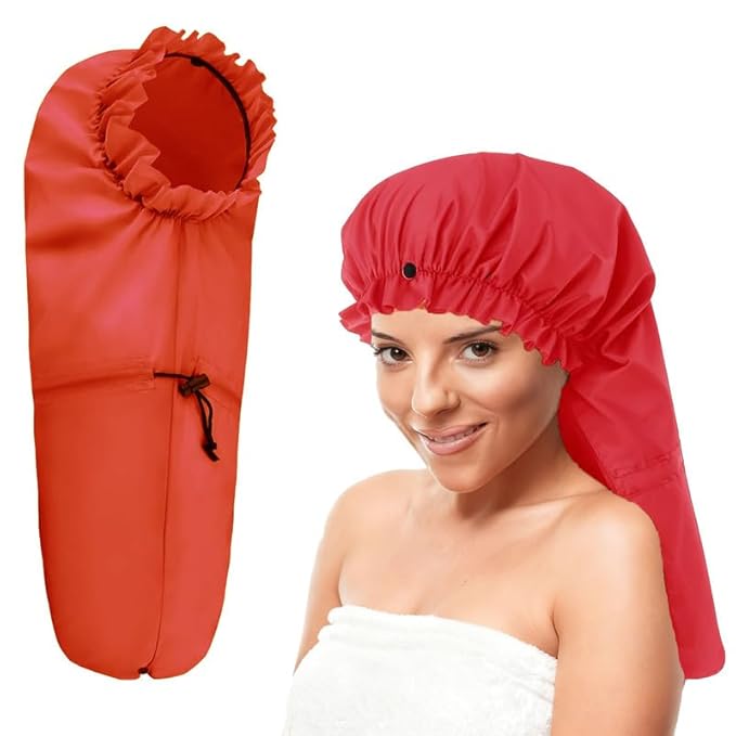 ELEBOX Extra Large Shower Cap for Braids/Curly Hair/Dreadlock | Reusable Waterproof Long Bonnets for Women Bath/Swim/Cooking/Cleaning/Spa | XL Bathing Cap with Adjustable Drawstring & Button, Red