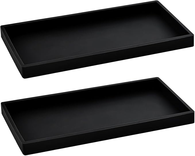 2PCS 11.8” L x 5” W Silicone Soap Dispenser Tray, Bathroom Sink Vanity Trays for Dresser Tops, Toilet, Small Black Tray for Scrubber, Lotion Bottles, Perfume, Jewelry, Candle, Key Trinket Ring-Black