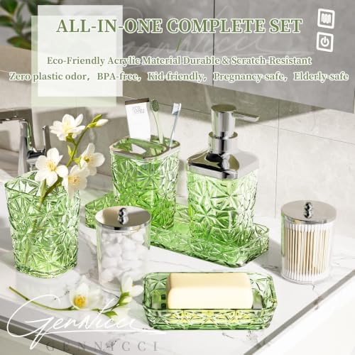 Bathroom Accessory Set, 9-Piece Green Bathroom Set with Trash Can, Toilet Brush, Soap Dispenser, Soap Dish, Toothbrush Holder, Tumbler, Q-tip Holder, Tray, for Hotel/Apartment, Housewarming Gift - Image 4