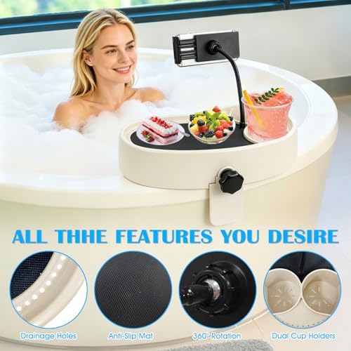 Hot Tub Table Tray with Adjustable Phone Holder, Nonslip Bathtub Table Tray Between 2.4-7.4" Hot Tub Accessories for Adults with 2 Cup Holders, Clip-on Pool Side Table for Above Ground Bathtub (Beige) - Image 4