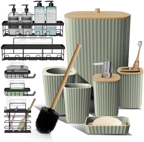 Clara Clark Bathroom Set - Sage Green Bathroom Accessories Set, 6PC Bathroom Accessory Set, Bathroom Sets with Adhesive Corner Shower Caddy Hanging, Toilet Brush, Trash Can & Soap Dispenser by ClaraClark