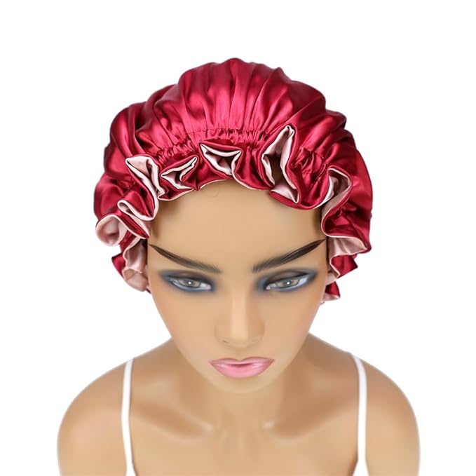 Adjustable Silk Satin Bonnet Hair Care Caps for Women Girls Loose-fitting Reversible Sleeping Cap Shower Caps Hair Wrap Bonnets (001 Wine/Blush)