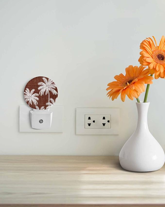 Night Lights Auto Sensor Tropical Palm Trees Night Light Brown Linen Coastal Round Lamp Plug-in LED Nightlights Dusk to Dawn for Living Room Bedroom Bathroom Hallway Wall Decor
