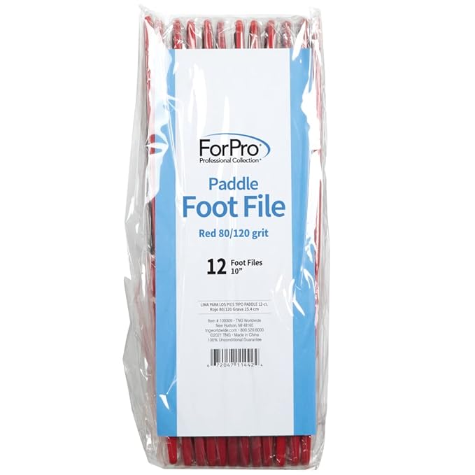 ForPro Professional Collection Pedicure Paddle Foot File, Double-Sided Foot File for Heels, Disposable & Sanitizable, 80/120 Grit, Red, Pack of 12