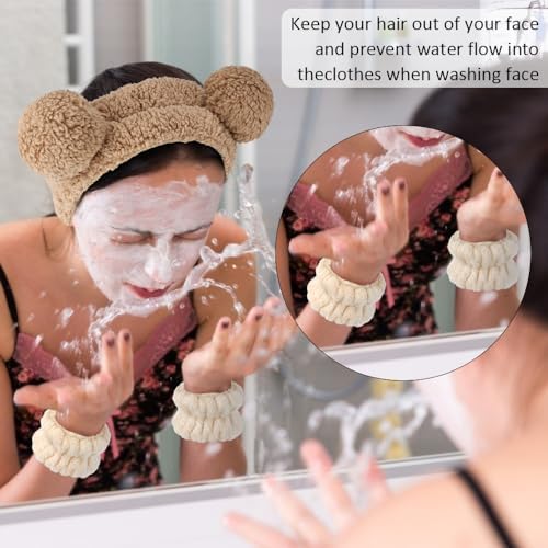 AHONEY Spa Bear Ears Headband Face Wash Headband and Wristband Set Skincare - Image 2