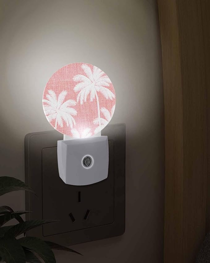 Night Lights Auto Sensor Tropical Palm Trees Night Light Rose Pink Linen Coastal Round Lamp Plug-in LED Nightlights Dusk to Dawn for Living Room Bedroom Bathroom Hallway Wall Decor