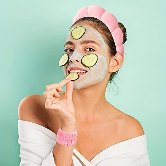 Luckybear Spa Headband for Washing Face, Velvet Makeup Headband with Face Wash Wristbands - Red