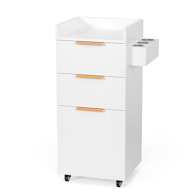 OmySalon Salon Cart with Wheels, 3-Tier Rolling Hair Styling Station, 2 Drawers & Adjustable Shelf, Hair Dryer Holder, Mobile Organizer for Salon, Barber, Spa, Nail & Beauty Tools, White